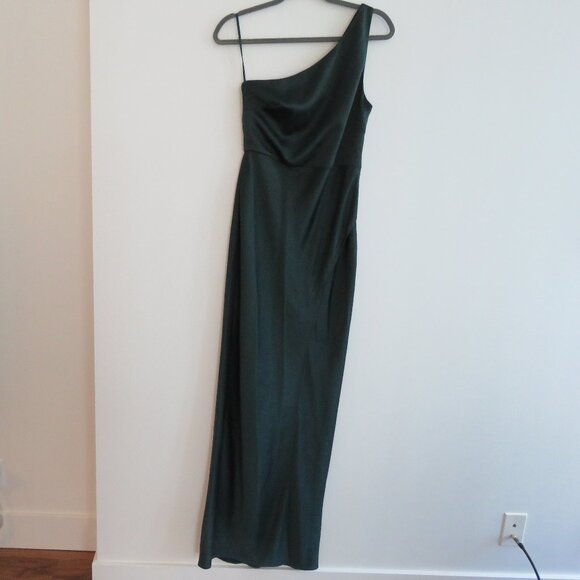 BHLDN Dylan One-Shoulder Satin Charmeuse Side-Slit Bridesmaid Gown Dark Emerald - Picture 4 of 16